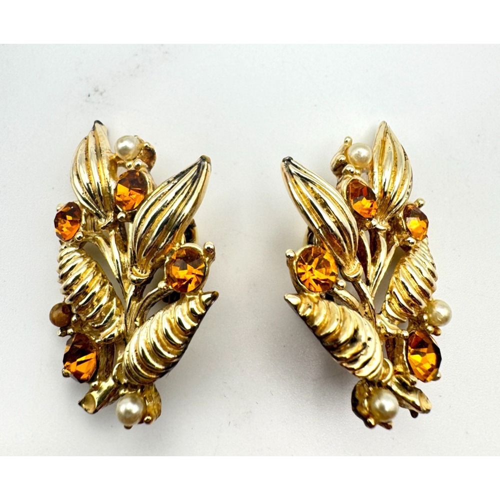 Vintage Coro Earrings Orange Rhinestone Faux Pearl Floral Spray Clip Gold Tone